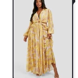 Boohoo Plus yellow floral maxi dress chiffon cutout long sleeve party vacation